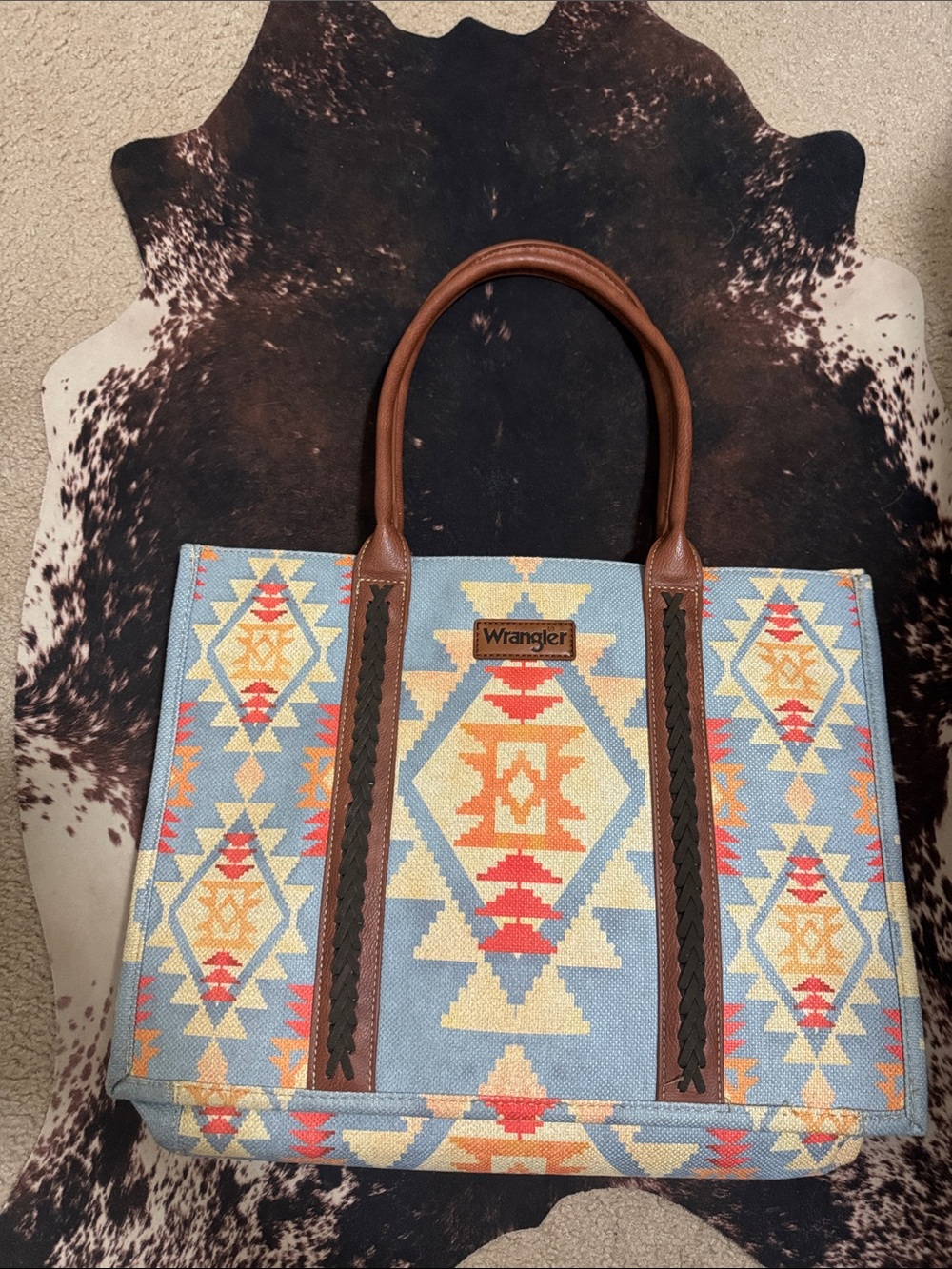 Wrangler Aztec Tote in Light Blue, Tan and Red Accents